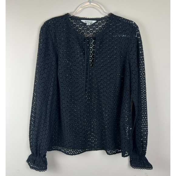 Boden Tops - Boden Geo Lace Top US 12 Black Romantic Sheer Lace Blouse Tie Neck